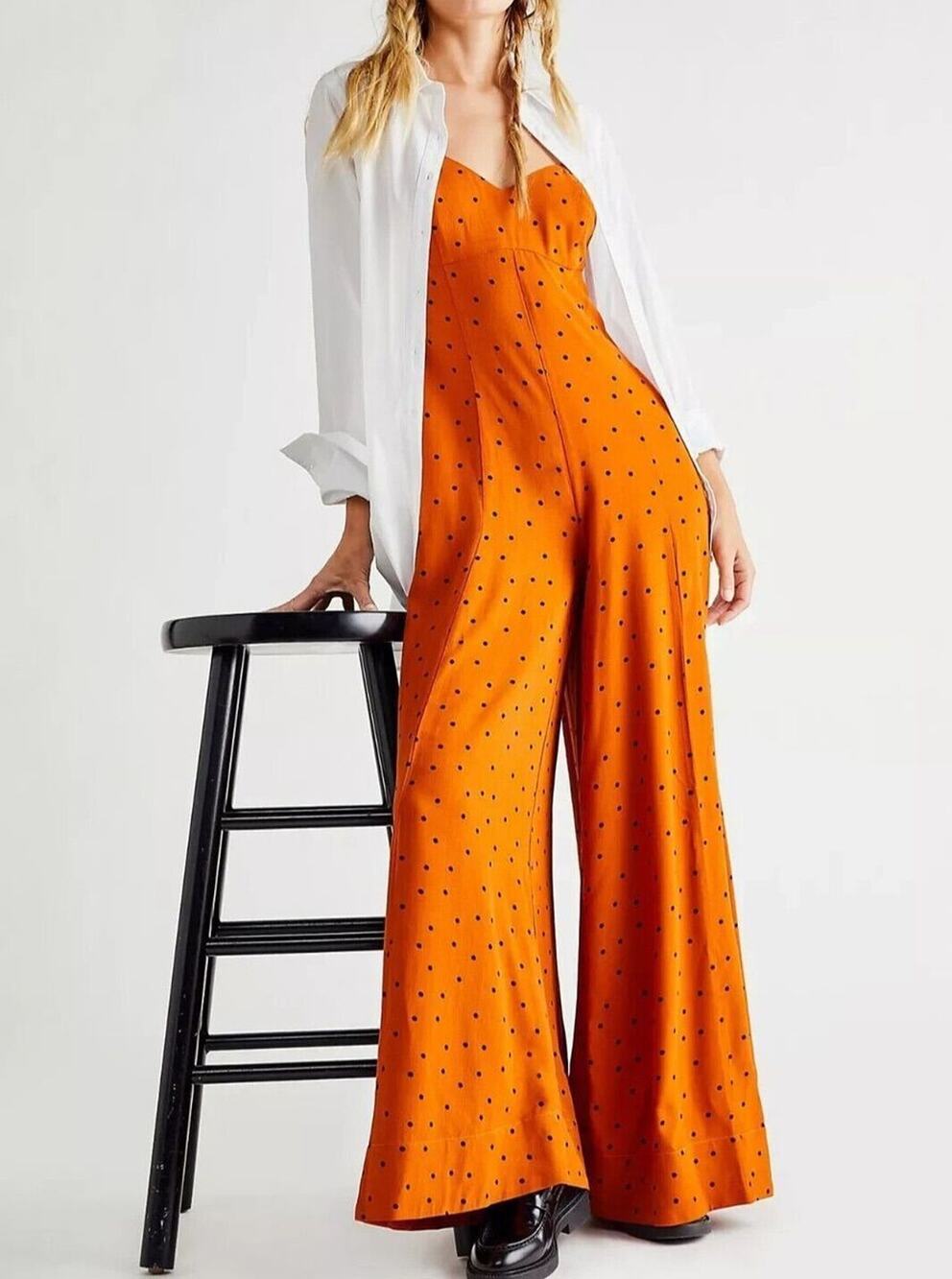Free People Jamboree Wide Leg Jumpsuit Rust Polka Dot XS